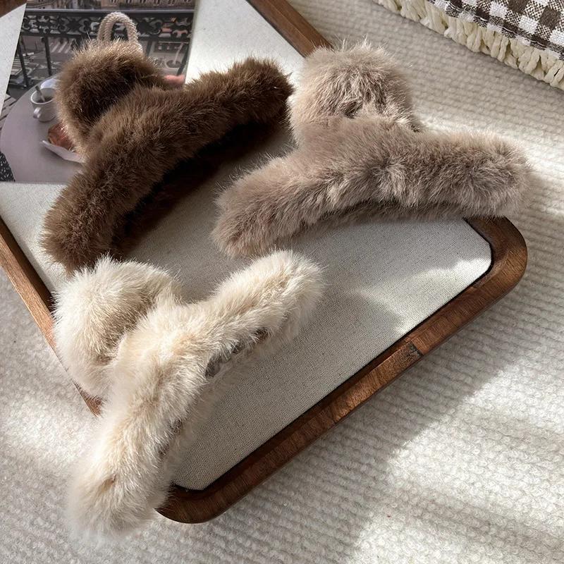 Solid Color Fluffy Cross Hair Claw For Women Girls Sweet Plush Hairpins Crab HairClips Headband Winter Fashion Hair Accessories