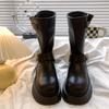 Spring Autumn Round Toe Leather Platform Women's Half High Boots Fashion 2025 Trend Hot Demi-season New in Ladies Mid Calf Shoes