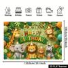 2D Flat Forest Animals Happy Birthday Backdrop Printed with Giraffe Elephant Lion Bear Cute Animals Tropical Balloons Decor No Power