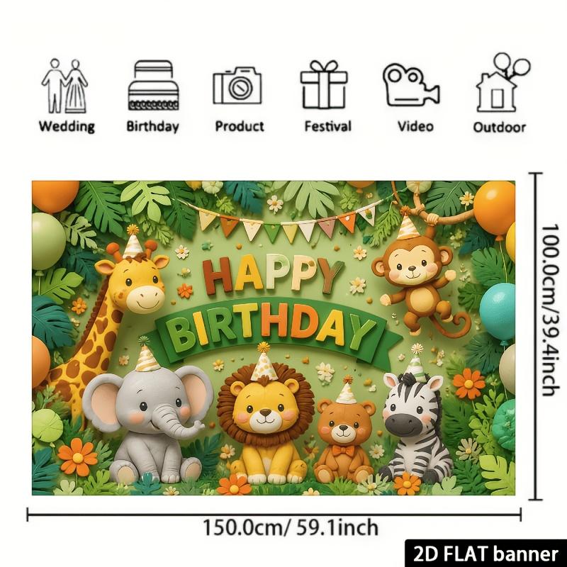2D Flat Forest Animals Happy Birthday Backdrop Printed with Giraffe Elephant Lion Bear Cute Animals Tropical Balloons Decor No Power