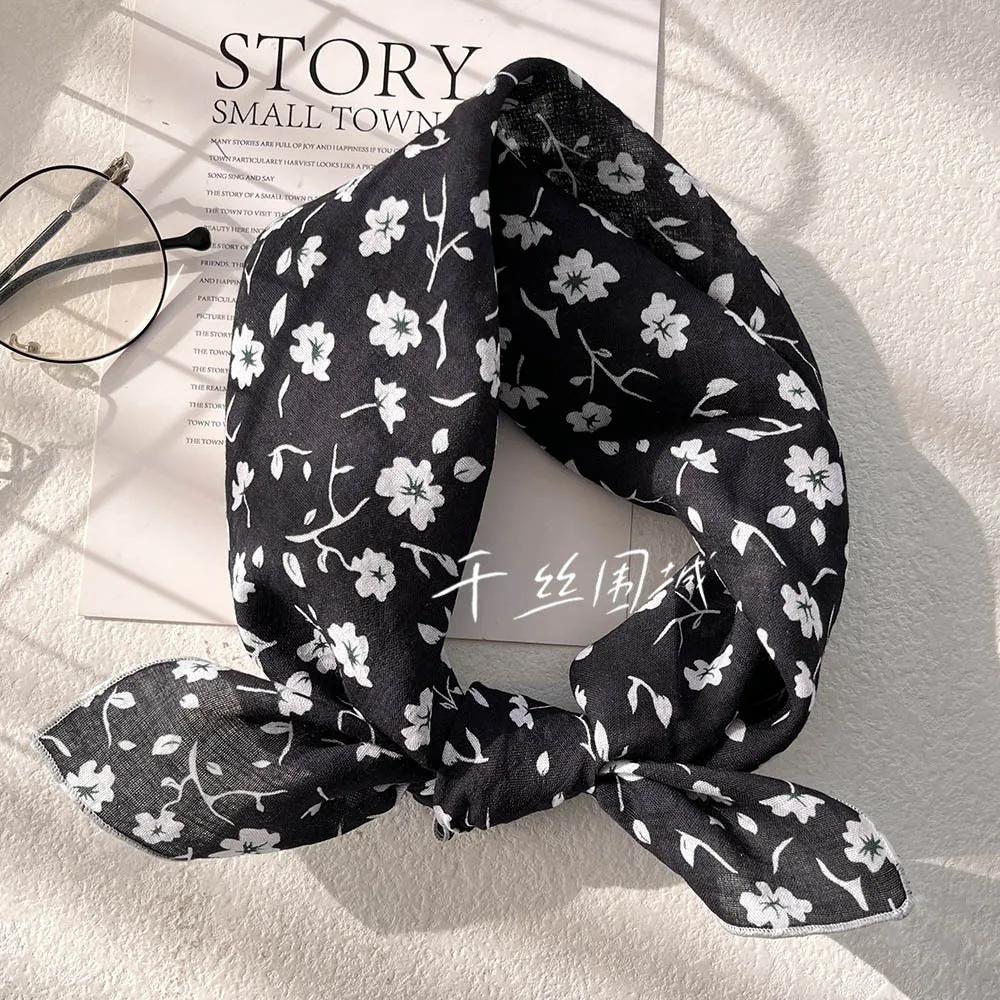 Silk Scarf Small Square Women'S Cotton And Linen Fresh Small Floral Encrypted Decorative Retro Headband Korean Version Exquisite
