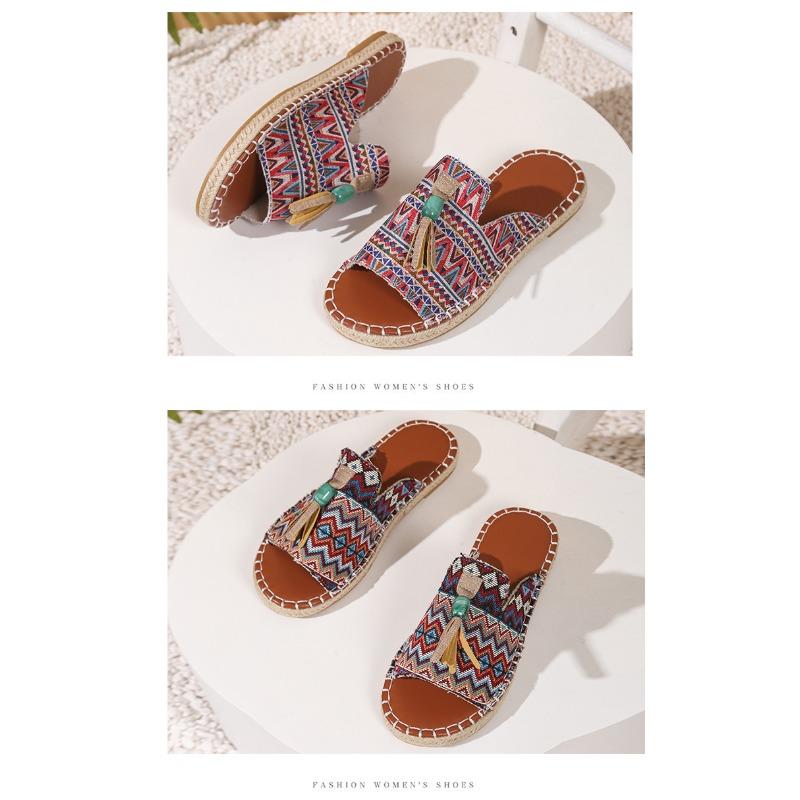 Boho płaskie sandały damskie - Nowość Lato 2025 z frędzlami - Rozmiar 43 Sandały plażowe