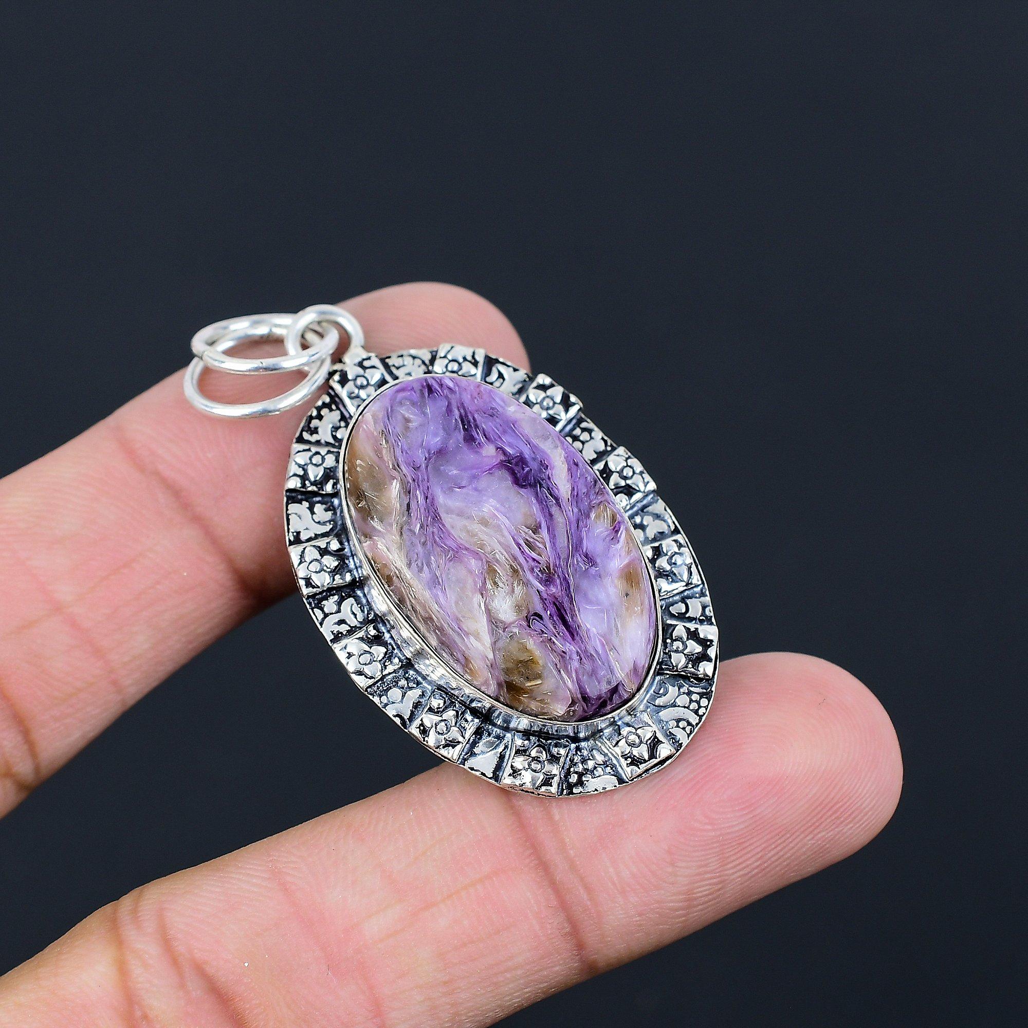 Пасхальная распродажа Овальный чароит Камень Мать Уникальный Свадебный Бохо Подвеска 925 Серебро