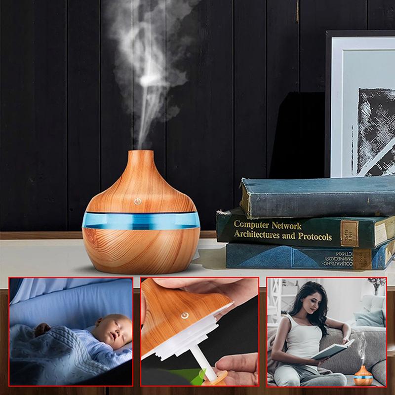 Wood Grain Ultrasonic Aroma Diffuser,300ml Cool Mist Air Humidifier with 7 Color LED Night Light for Home,Bedroom,Office