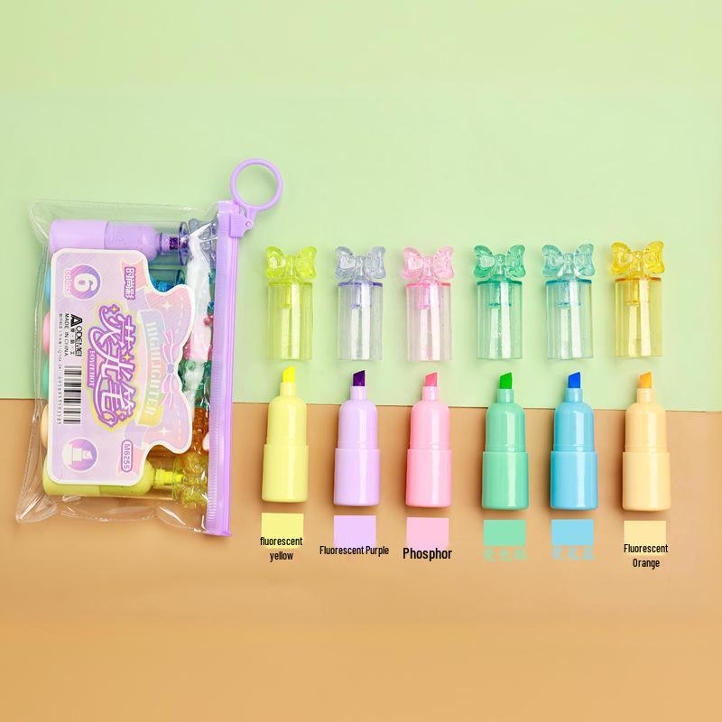 Set di 6 Mini Pennarelli Fluorescenti - Design Carino a Cartone Animato, Perfetti per Studenti delle Elementari. Evidenziatori Piccoli, Portatili e Colorati.