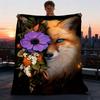 1pc Fox Flower Wreath Outdoor Flannel Blanket Soft All Season Polyester Throw , Perfect for Picnics & Travel , Picnic Accessory