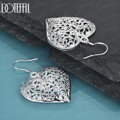 925 Sterling Silver Hollow Heart-shaped Flower Piercing Earrings Fashion Wedding Jewelry