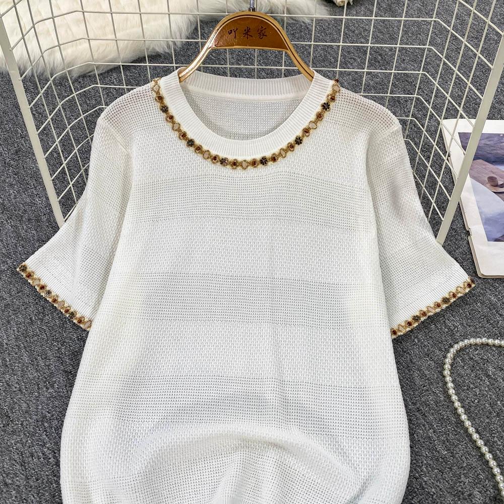 Summer Women O-neck Short Sleeve Sequined Knitted Sweater Pullover Tops