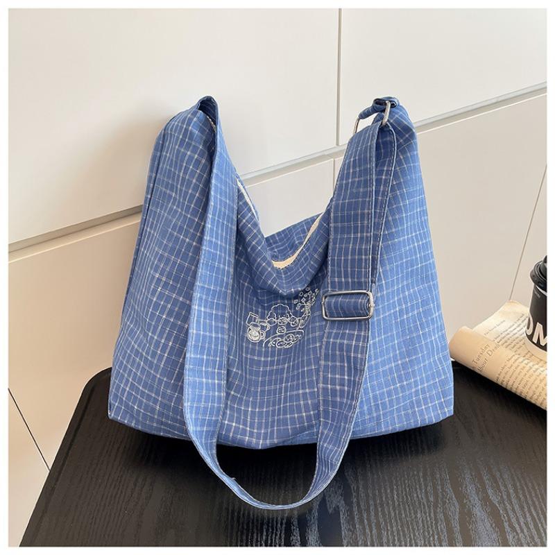 

Fashion plaid large-capacity canvas bag women s new shoulder bag soft-faced lazy wind messenger bag синий