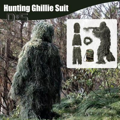 5Pcs/Set Ghillie Suit with Jacket Pants Hood Garland Carry Bag 3D Camouflage Hunting Apparel Youth Adults Woodland Clothes