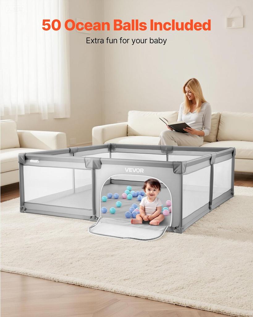Cercadinho para Bebê, Cercadinho Grande para Crianças Pequenas 2000 x 1490mm, Parque Infantil com Cercado para Bebê Interno/Externo com 50 Bolas Oceânicas, Porta com Zíper e Malha Respirável, Sem Frestas