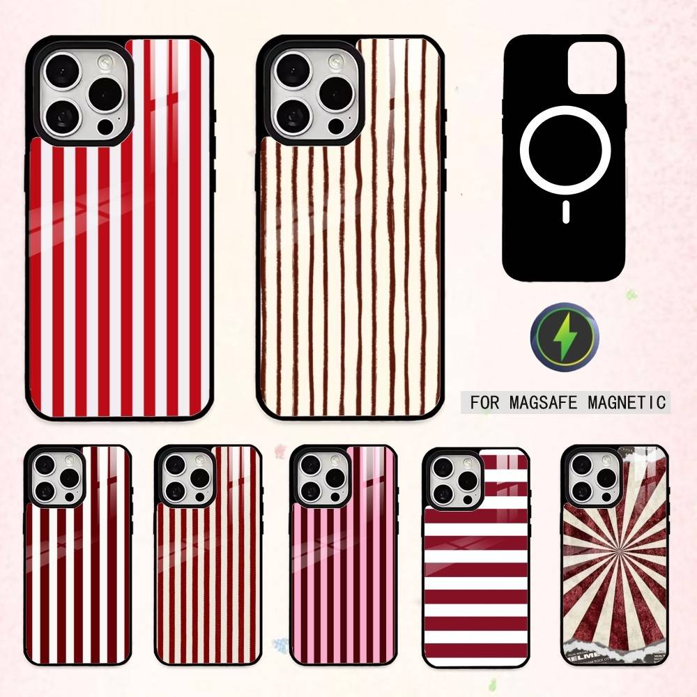 B-Burgundy White Stripe Phone Case For iPhone17,16,15,14,13,12,11 Plus,Pro Max Magnetic For Magsafe Wireless Charging
