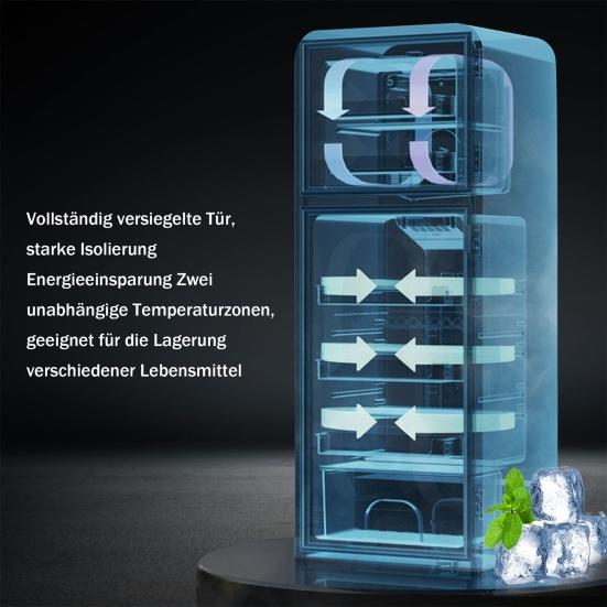 Lodówka 60L Retro 7 Ustawień Temperatury Światło LED Strefa Podwójna Mini Lodówka Domowa Zamrażarka 22L Objętość 102 kWh/Rok -27-13 Stopni Celsjusza