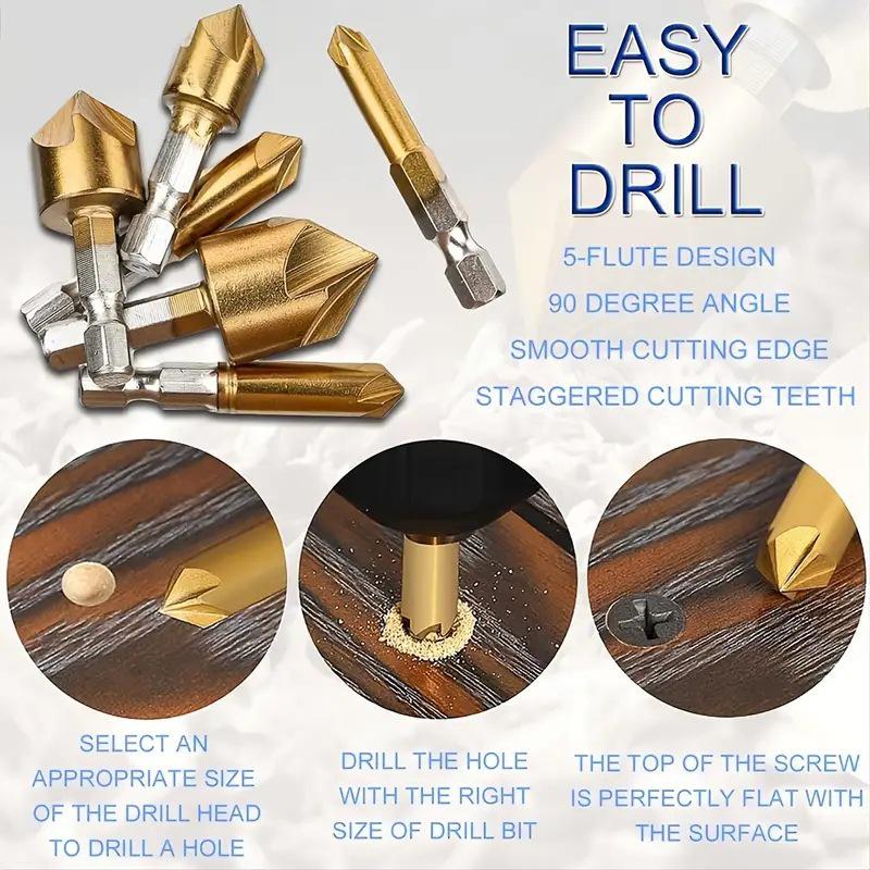 Hex Shank Titanium-Plated Five-Flute Wood Countersink Drill & Chamfering Tool