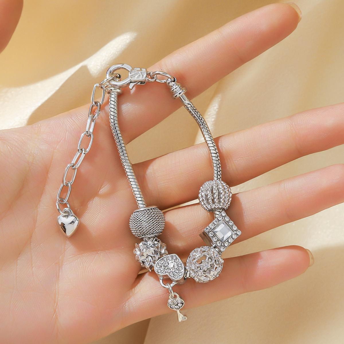 

Женский универсальный браслет из нержавеющей стали с кристаллами, бусинами в виде замка любви и ключа one size