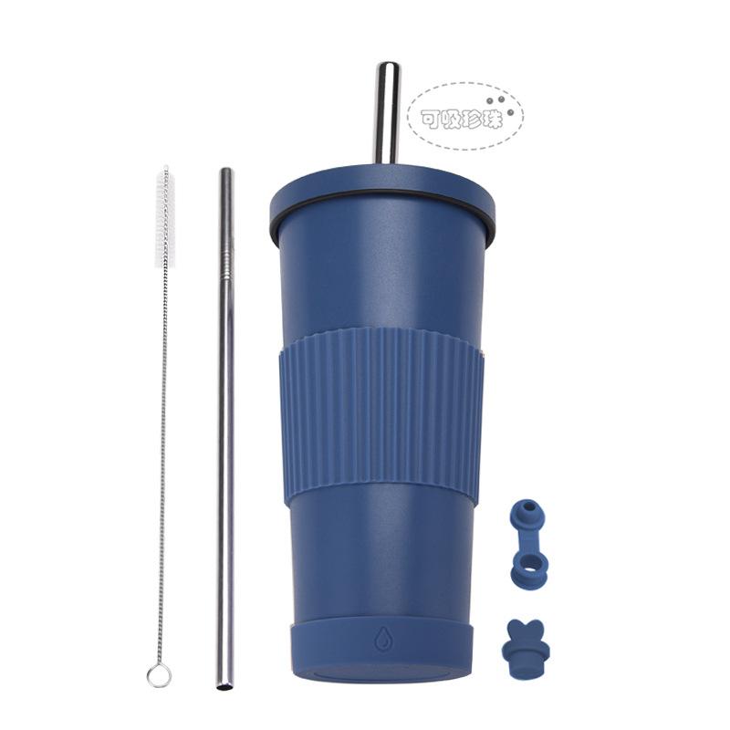 710Ml Bubble Tea Cup Non-Slip Double-Layer Stainless Steel Straw Cup Multi-Color Straw Thermal Insulation Water Cup