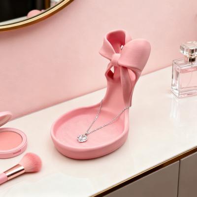 Pink Stiletto Jewelry Tray 3D Printed High Heel Jewelry Dish with Bow Women Ring And Earring Holder Jewelry Display Stand for Bedroom Vanity Table