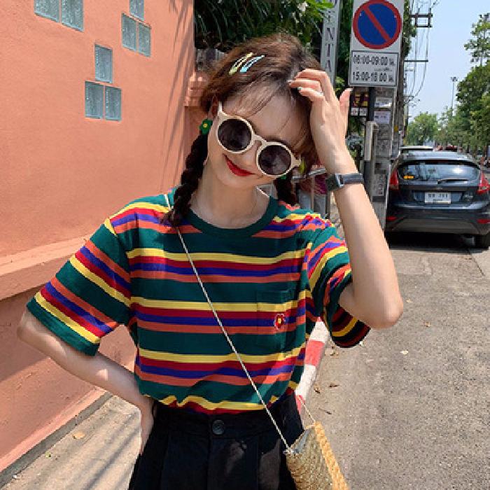 Summer Casual Loose T Shirt Women's Streetwear Harajuku Rainbow Stripes Short Sleeve T-shirts for Women Y2k Tops Vintage Clothes