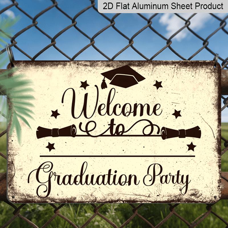 2D Flat, 1pc Vintage Graduation Party Aluminium Sign 8x12 Inch - "Welcome To Graduation Party" Quote, Grad Cap & Diploma Design, Distressed Beige