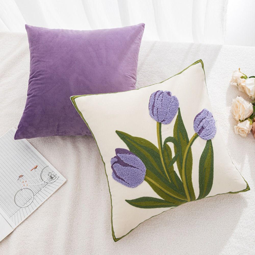 

Square Tulip Pattern Pillowcase Embroidered Flower Cushion Cover Living Room/Office помаранчевий