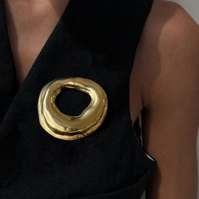 Vintage Stainless Steel Round Irregular Brooch for Women Exquisite Metal Circle Geometric Brooch Suit Accessories Zircon Gift