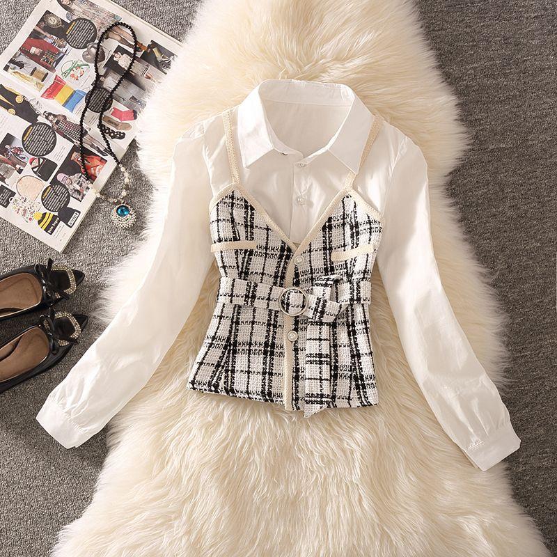 

Самая продаваемая твидовая рубашка-слинг в стиле пэчворк, имитация двух частей, корейский стиль, универсальная, с лацканами и поясом, рубашка с длинным рукавом, новинка, топы White M