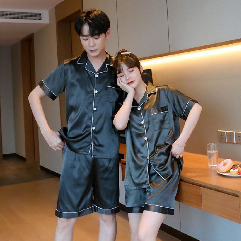 New ice silk couple pajamas spring and autumn summer thin long-sleeved simulated silk large men s and women s loungewear set Men s l