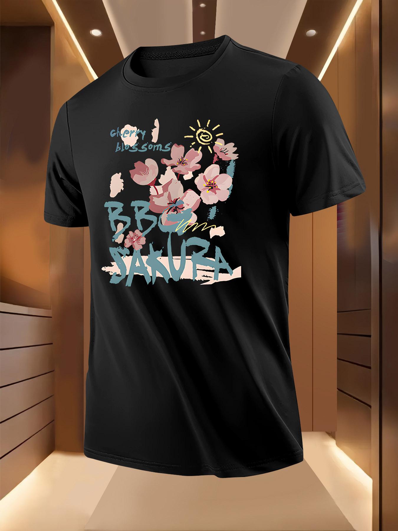 Black - Lightweight Breathable Polyester Tee with Cherry Blossom Print Graphic T-shirt M