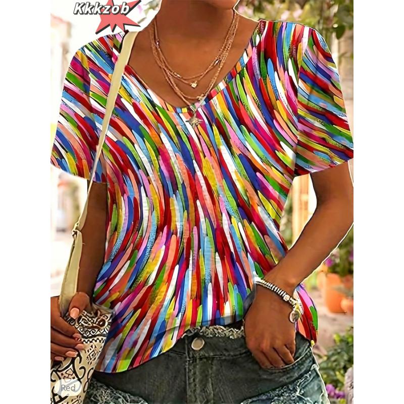 Damen T-Shirts V-Ausschnitt 3D Kunstdruck Tops Locker Kurzarm T-Shirts Sommer Streetwear Mode Lässig Übergroße Damenbekleidung