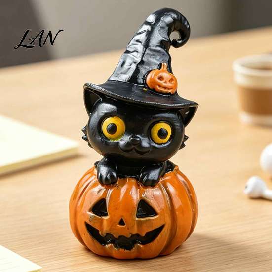 Spooky Tabletop Centerpieces Halloween Black Cat & Pumpkin Resin Ornaments, Cute Desktop Figurines, Office Desk Seasonal Ornaments Cartoon And Statue
