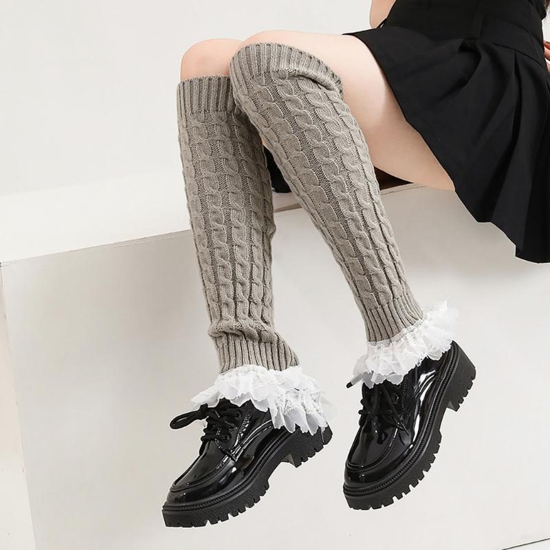 Cable Knit Leg Warmers Knee Length Socks Japanese Women Sweet Layered Ruffled Lace Trim Boot Cuffs Leg Covers Stockings