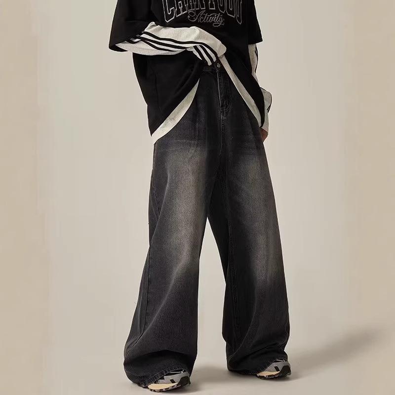 Men's 2024 Washed Black Wide-Leg Jeans - Tall, Casual, Loose Fit, American Trend for Spring & Autumn.