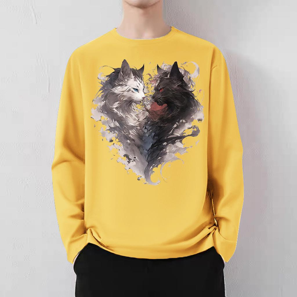 Japanese high street smoke cat print men and women 2024 spring and autumn loose American lazy chic couple crew neck t-shirt