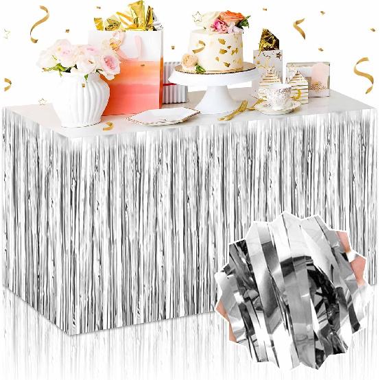 3 Pack 29 x108 Inch Blue Foil Fringe Table Skirts Metallic Banner for Tel Streamer Garland Backdrop for Parade Floats Mother's Day, Graduate,