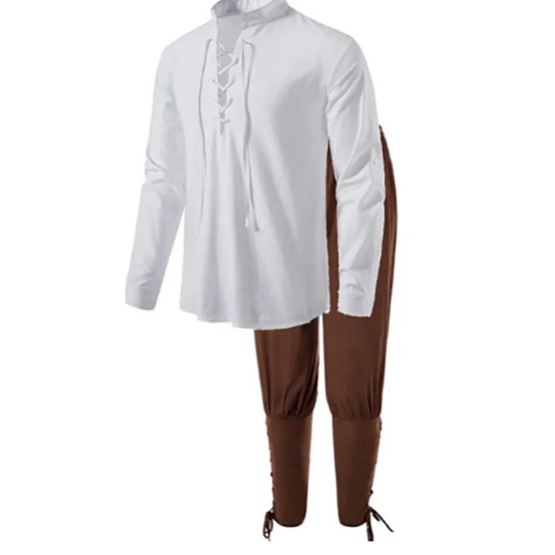 2Pcs Men's Medieval Knight Costume Set Renaissance Cosplay Pirate Shirts Ankle Banded Pants for Halloween Cotton Linen Fabric