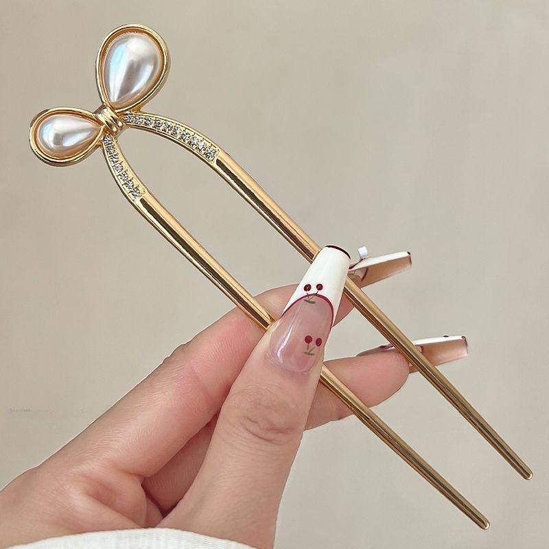 Simple U-Shaped Pearl Hair Fork Bun Bow Hairpins Metal Hair Sticks Hair Clips Barrettes Hair Accessories Women Headwear