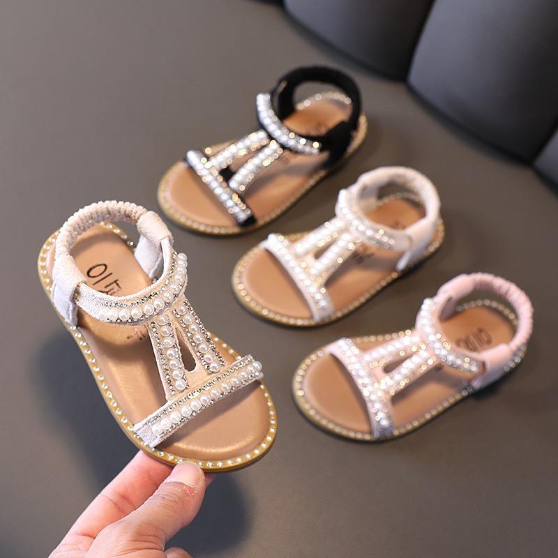 Summer Korean Style Princess Shoes for Baby Girls, Non-Slip Pearl Roman Sandals, Open-Toe Girls' Beach Shoes.