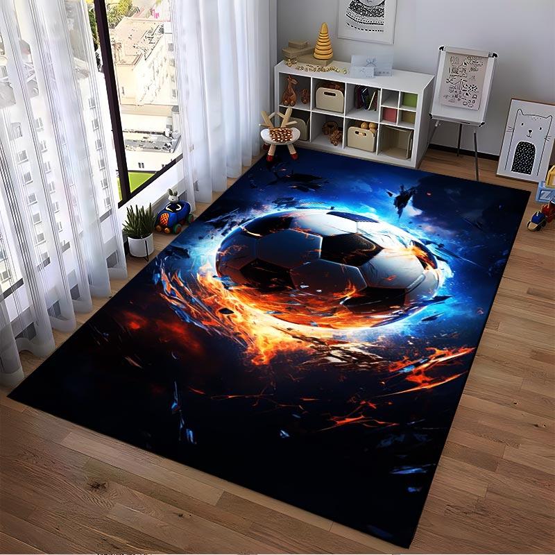 Fiery Soccer Ball Design Rug for Living Room – Dynamic Blue and Orange Style Suitable for Use As an Anti-slip for Living Room Bedroom Sofas
