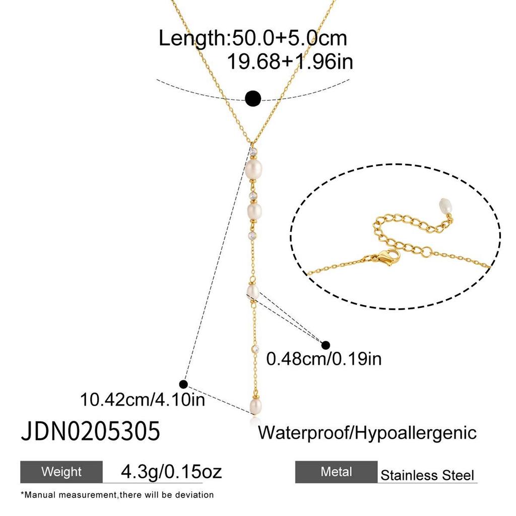 18K Gold Stainless Steel Necklace with Zircon and Pearl Pendant for Women - Everyday Versatile Style
