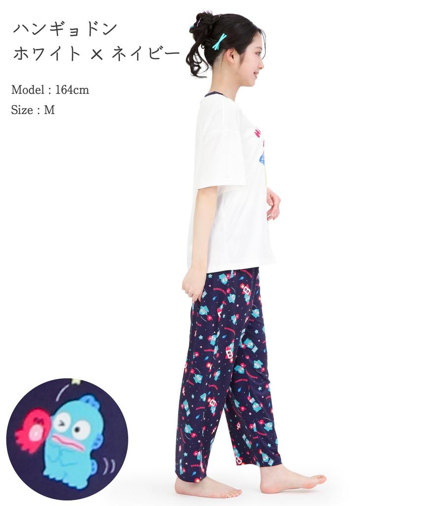 SAZAC Cosmic Hangyodon Pajama Powder Stretch Short Sleeve and Long Pants Loungewear x Set, Fabric, Women's Set, (White Navy/M/SAN1954)