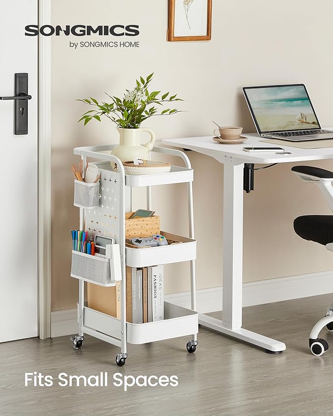 SONGMICS 3-Tier Storage Cart, Rolling Utility Cart, Metal Mesh Shelves, 2 Removable Pegboards, 2 Hanging Holders, 4 Hooks, Craft Cart for Living Room