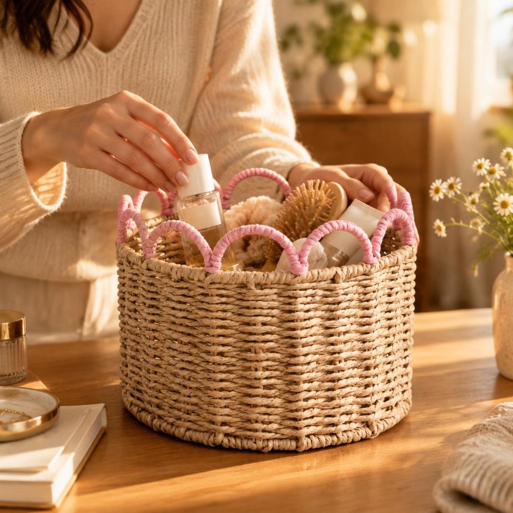 Basket with Raised Pink Rope Arch Border Handmade for Bedroom