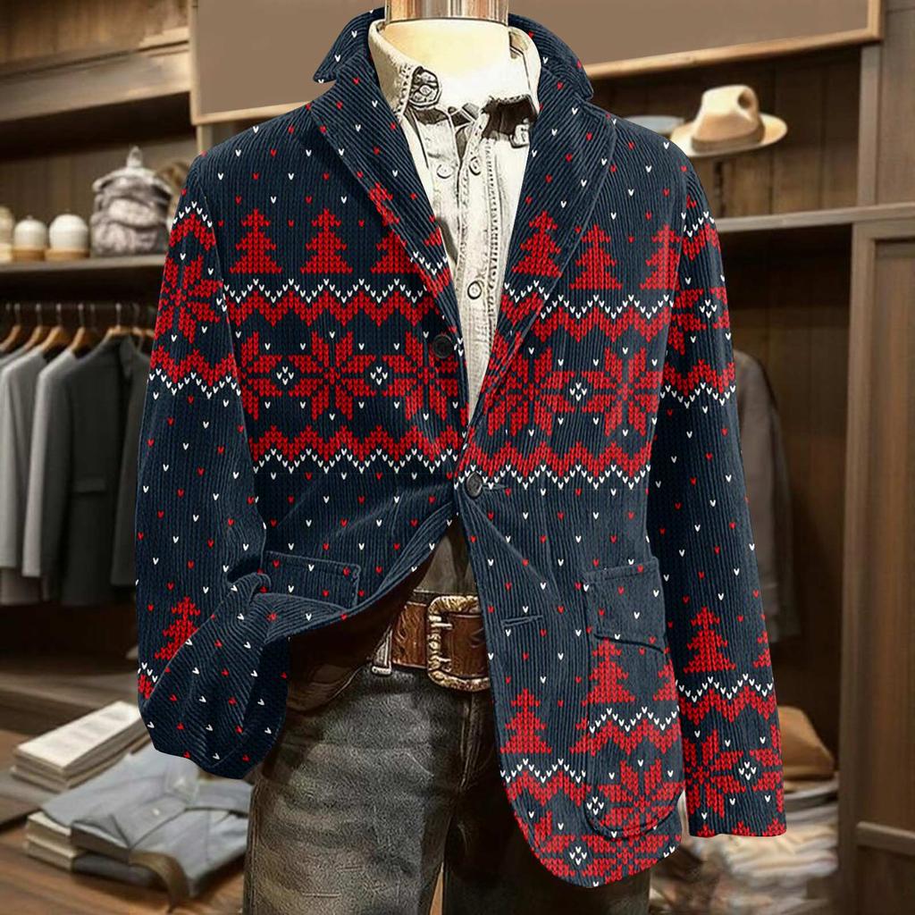 Herren Bedruckter Cord Warmes Taschen-Sakko Strickjacke Herren Freizeitanzug