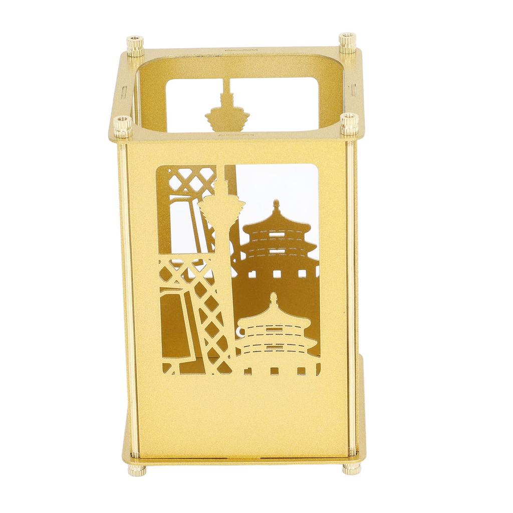 Metal Assembled Pen Holder Gold BeijingPattern Quadrate Surfaces Plating DIY Pen Holder for Home
