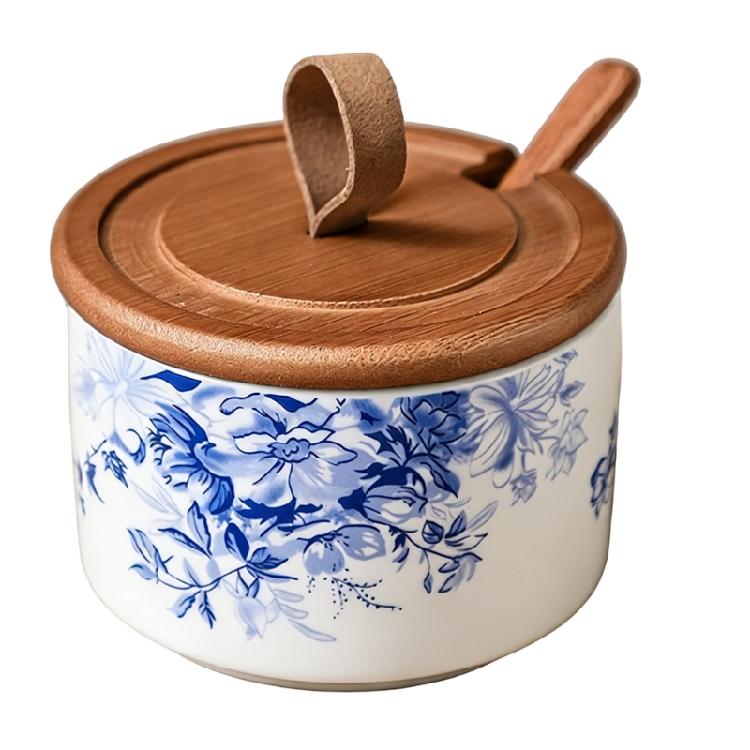 Porcelanowa solniczka z pokrywką i łyżeczką, pieprzniczka, pojemnik do przechowywania przypraw na blat, narzędzie kuchenne