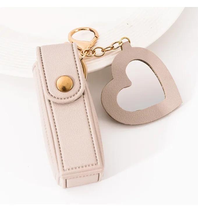 Custom Logo Name Key Chain Ring Small Versatile Keyring New Portable Lipstick Bag Packet Heart Mirror Keychain Mini Leather Gift