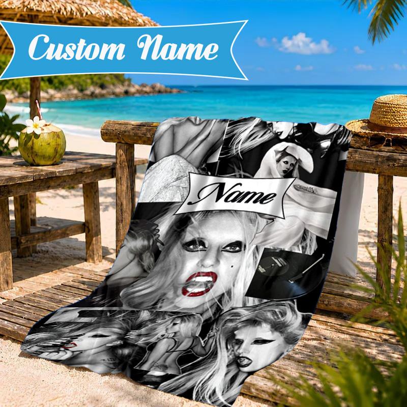 Custom Name Beach Towel Bold Fashion Lady-Gaga Microfiber Beach Towel, Lightweight for Summer Travel, Swimming Pool Fan Birthday Gift