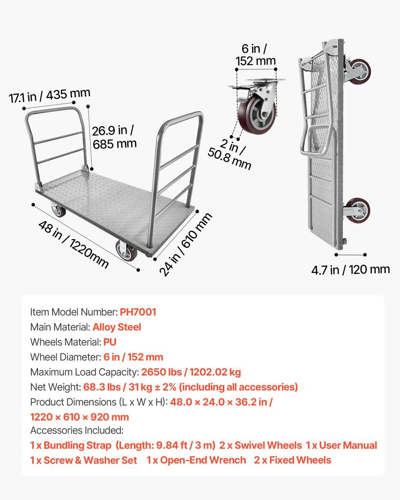 VEVOR Platform Truck, 2650 Lbs Capacity, Heavy Duty Flatbed Cart Dolly with Detachable Guardrail and Swivel Wheels, Foldable Hand Push Truck Cart