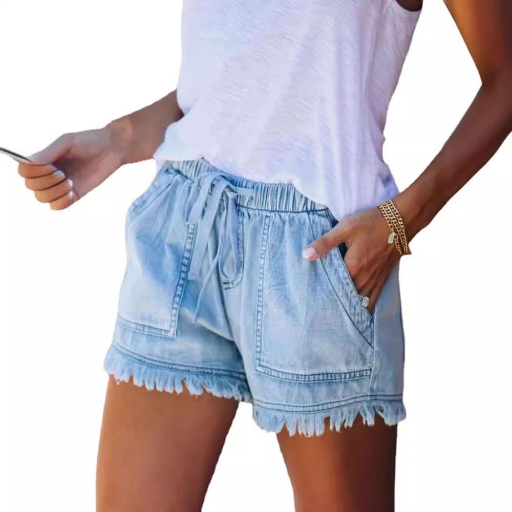 Tassel Elastic Waist Mid-Rise Denim Cotton Women's Shorts