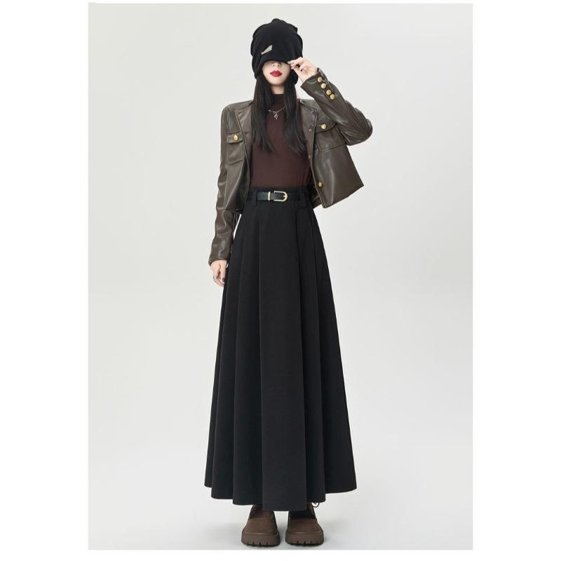 Winter Autumn High Waist Wool Pleated Skirt Women A Line Midi Skirt Solid Color Flared Skirt Slimming Long Skirt